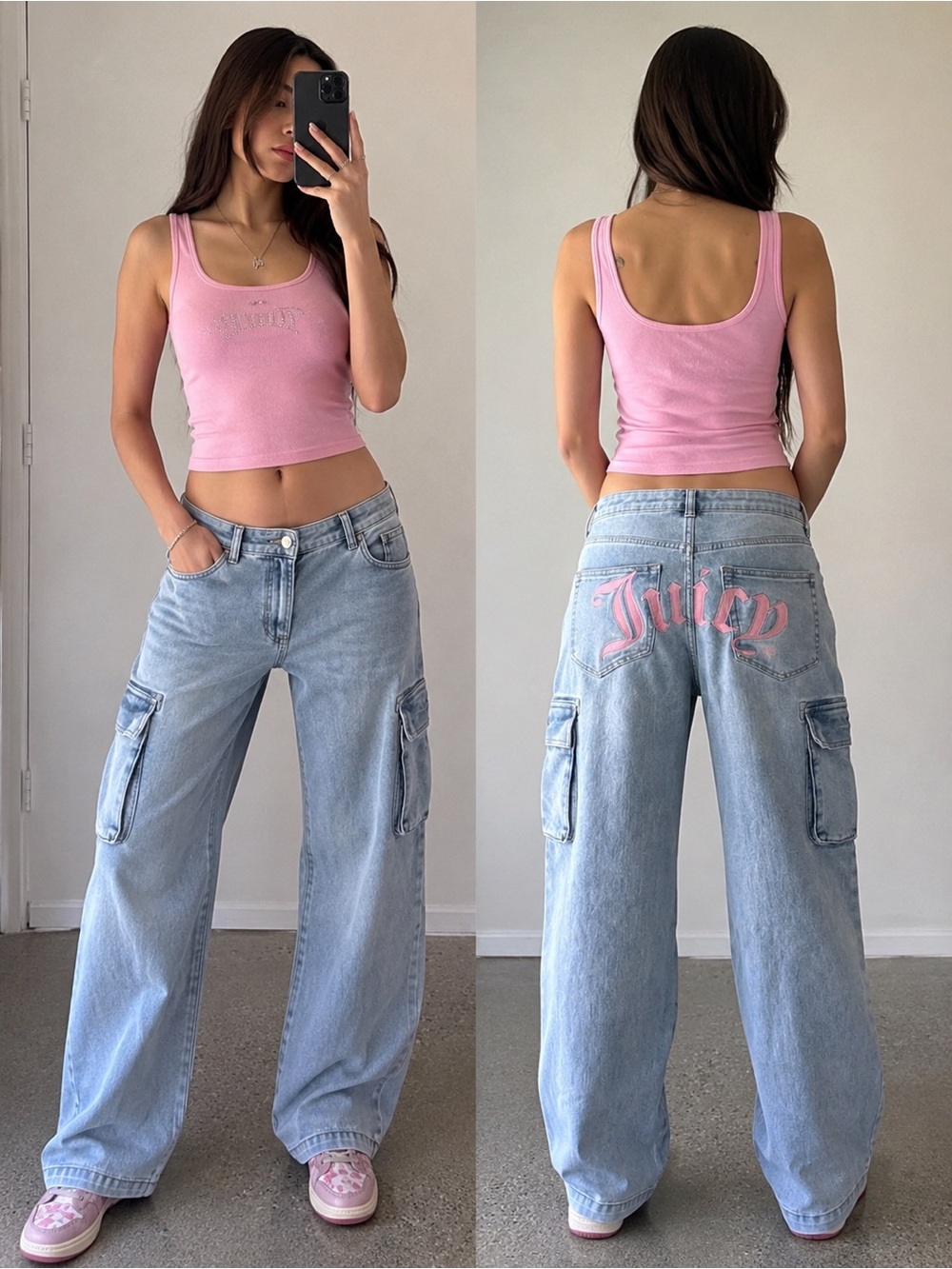 Juicy Couture Abbott Y2K Cargo Wide Leg Jeans Pink Logo Size 9/29
